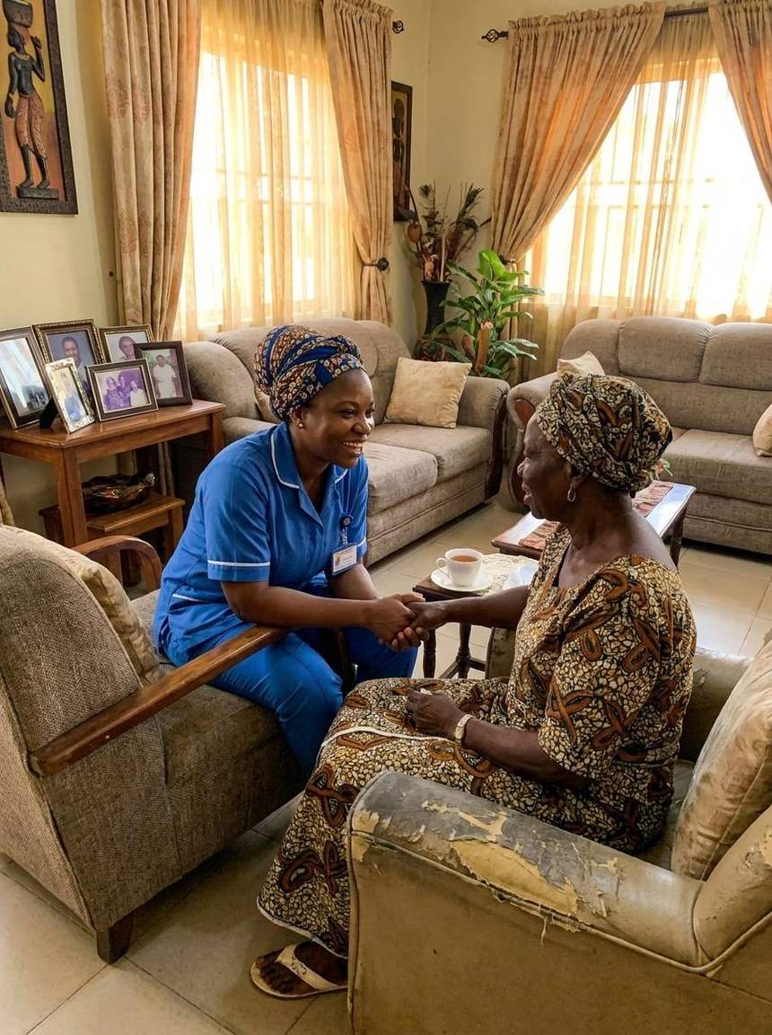 A Lins Medcare caregiver sitting with an elderly woman in her living room, talking with her