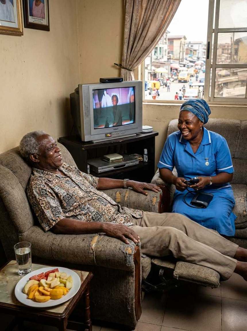 An elderly man resting in his armchair at home while a nurse sits with him