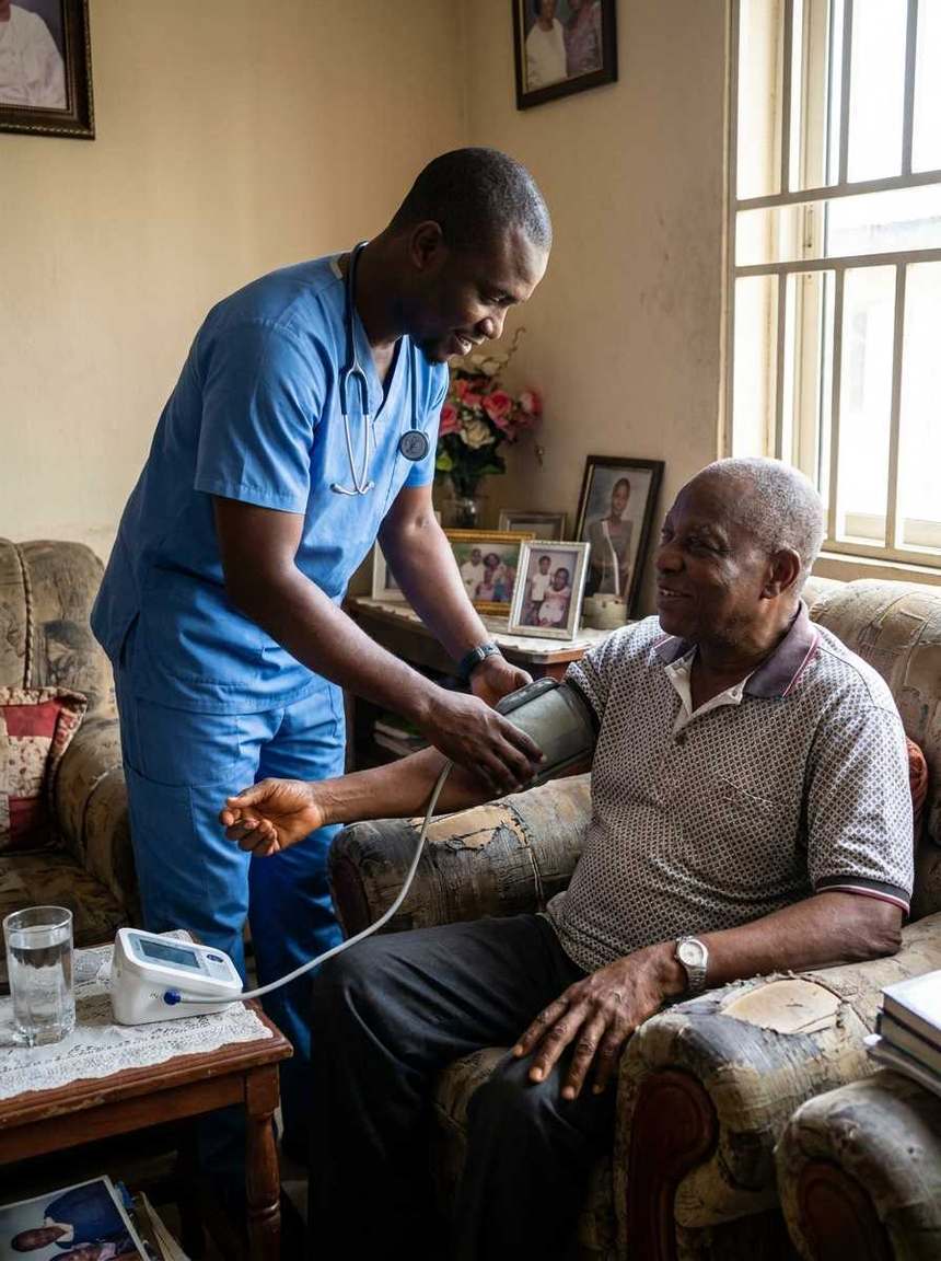 A nurse taking an elderly man's blood pressure in his own living room