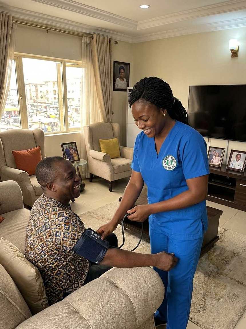 A Lins Medcare nurse checking an elderly man's blood pressure at home